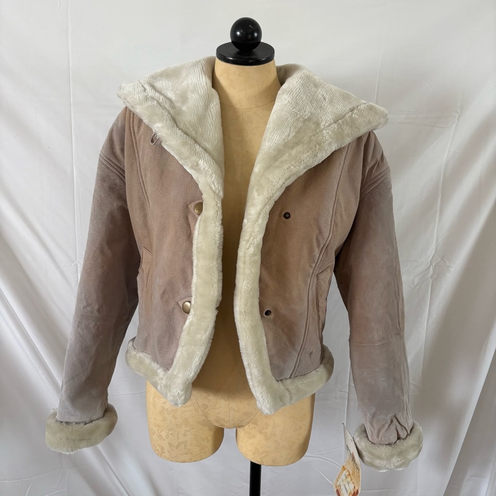 Vintage synergy leather fur trimmed coat new with tags deadstock cream tan S - Picture 3 of 6